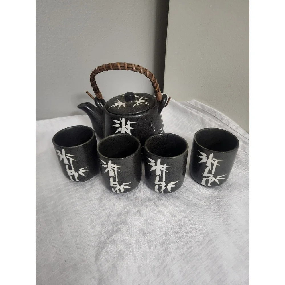 Black Ceramic Bamboo Tea Set with Rattan Handle 4 Cups and Infuser Japanese